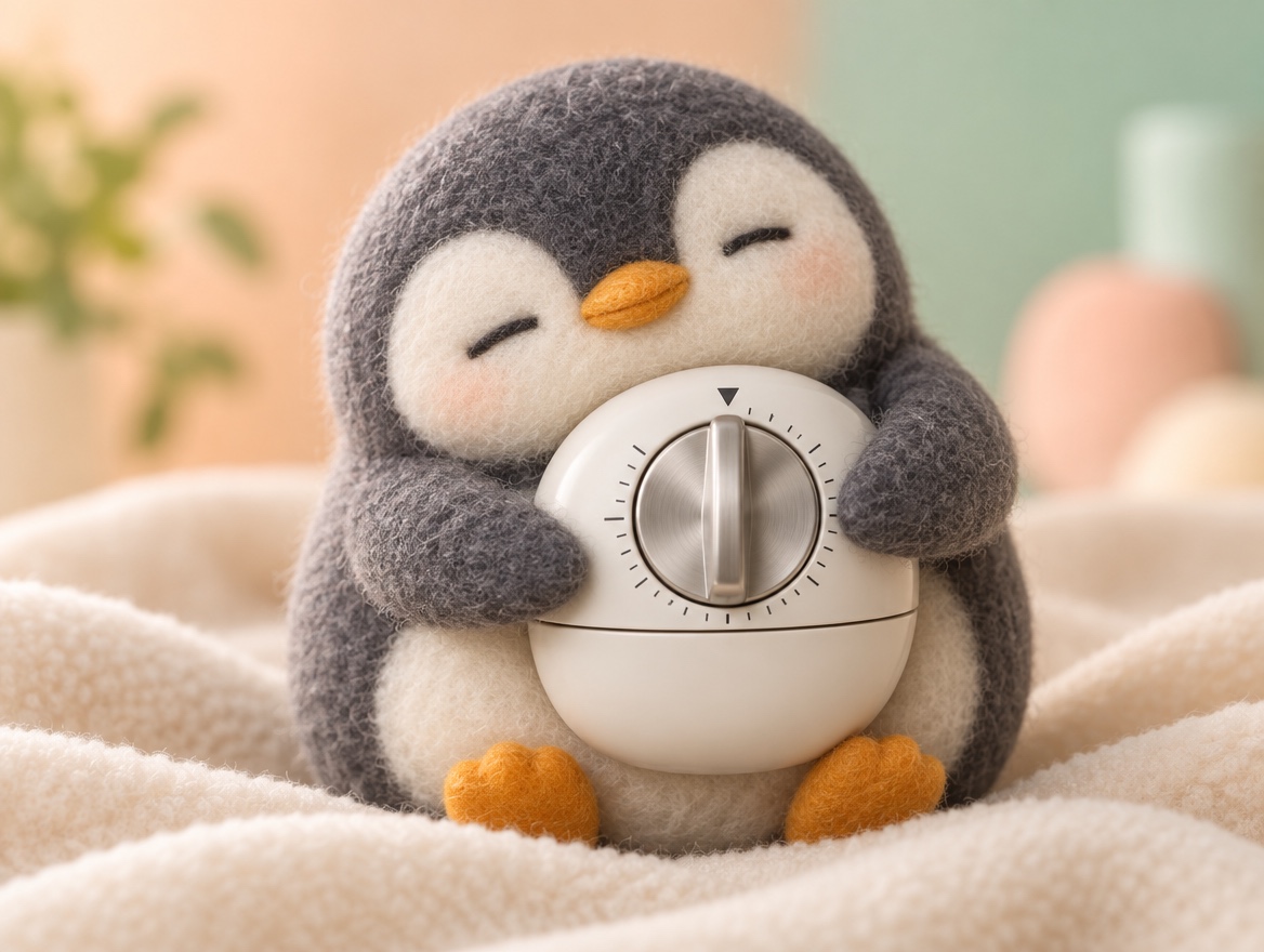 A chubby round felted wool penguin gently hugging a white wind-up kitchen timer
