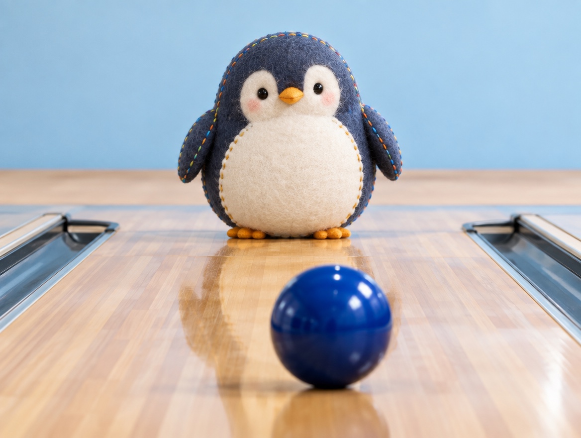 A cute hand-embroidered felt penguin watching a real glossy blue bowling ball roll down a polished wooden lane