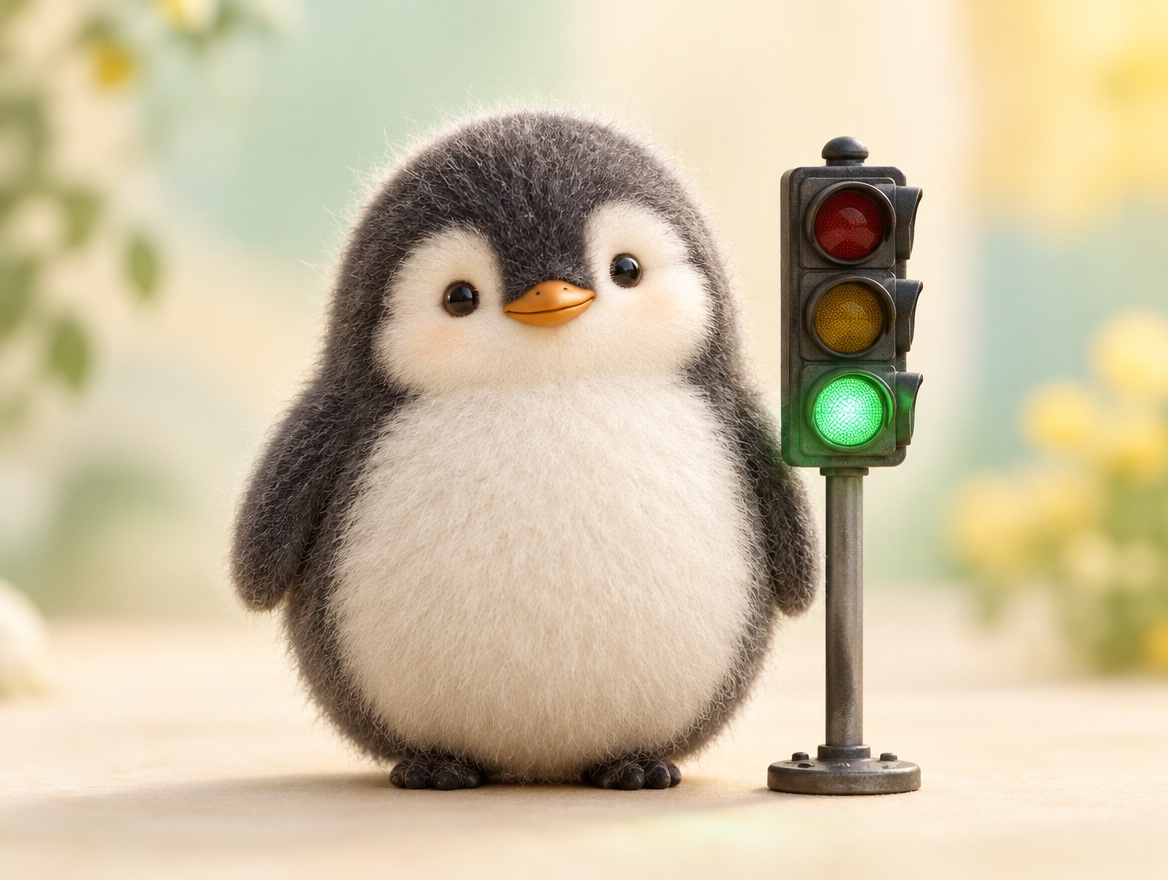 A chubby mohair penguin smiling next to a real miniature traffic light glowing green