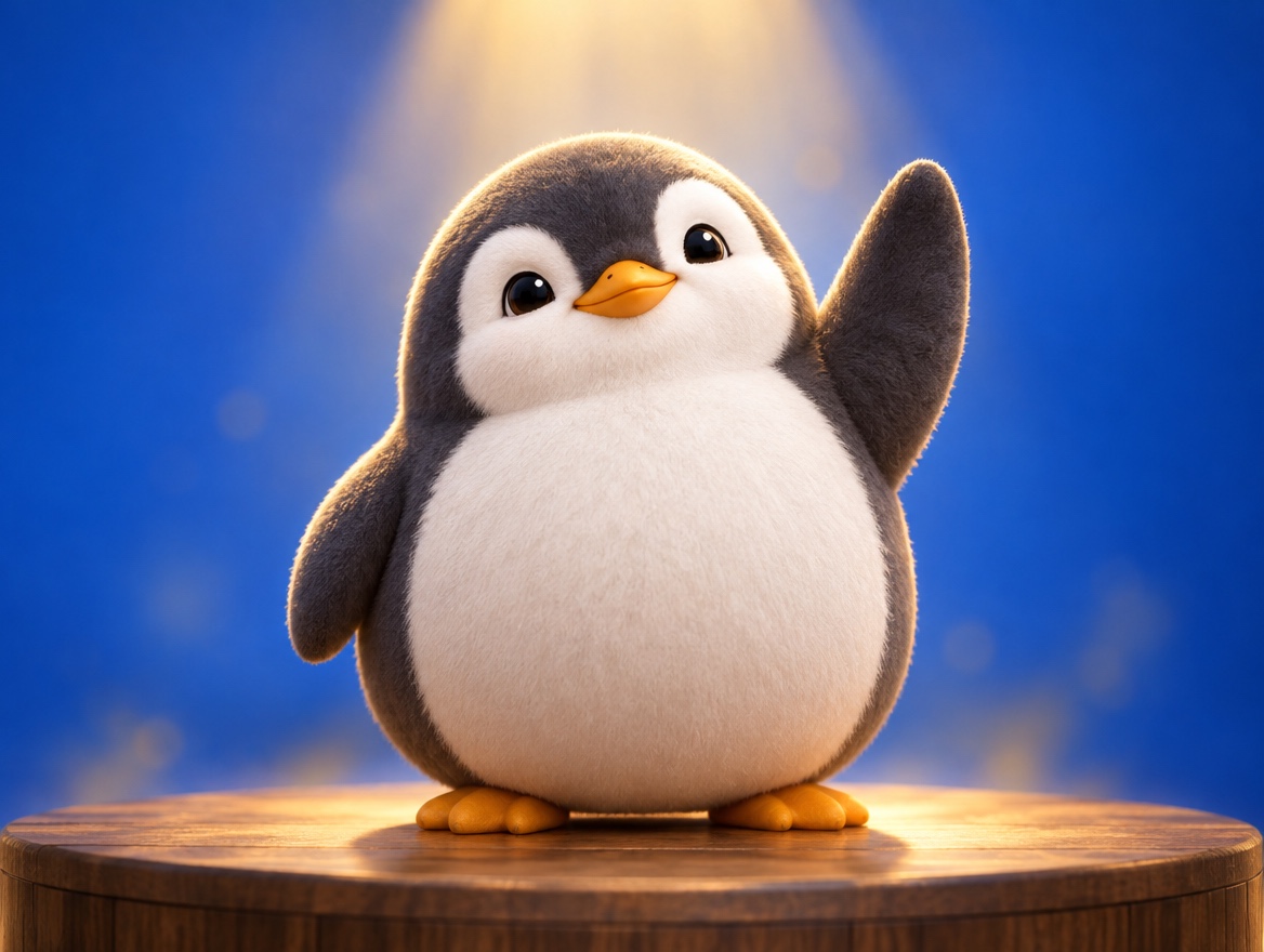 A chubby round crocheted amigurumi penguin proudly holding a realistic vintage microphone under a warm spotlight