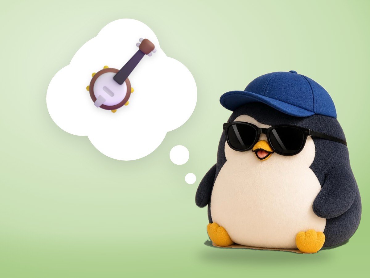 A chubby alpaca wool penguin hugging a real brand-new ukulele with a happy, determined face
