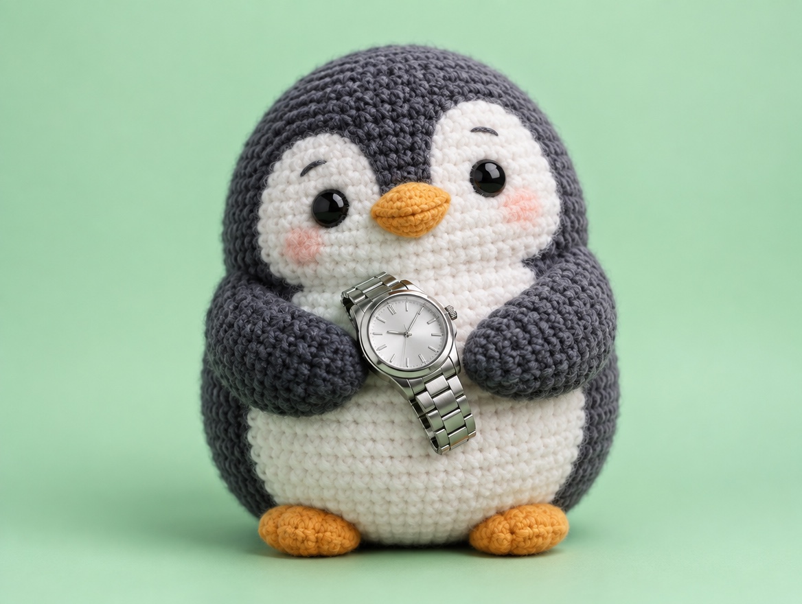 A chubby crocheted amigurumi penguin holding a real wristwatch and smiling calmly