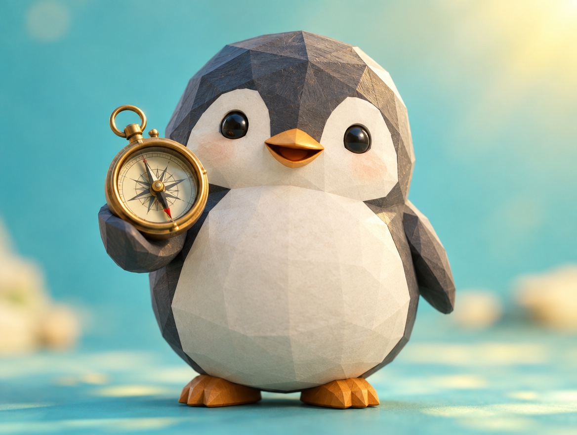 A low-poly wood and paper penguin holding a brass compass with a smile