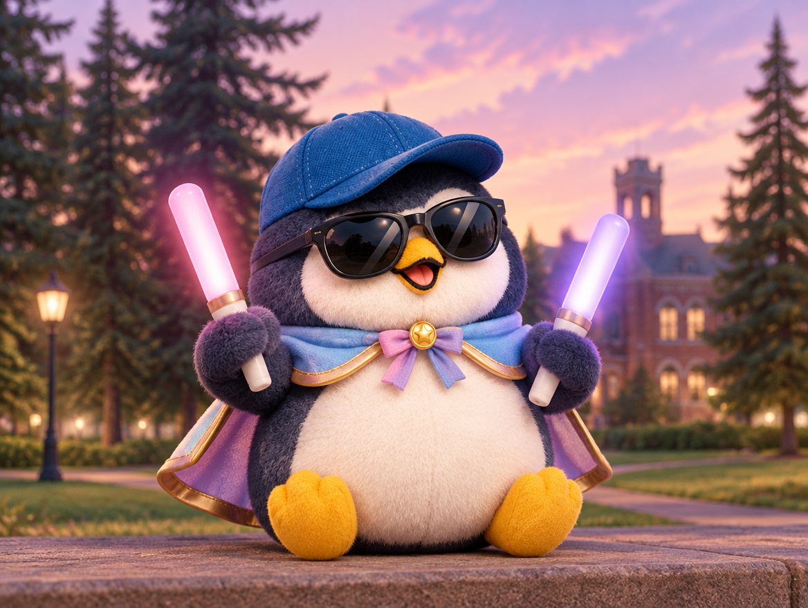 A navy plush penguin with a blue cap and sunglasses holding two glowing penlights in a park at dusk
