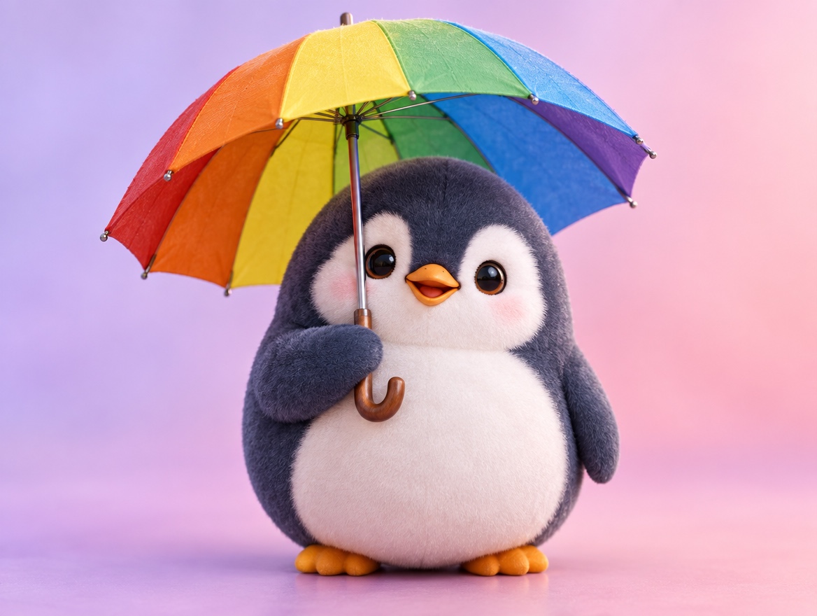 A chenille yarn penguin holding a colorful rainbow umbrella