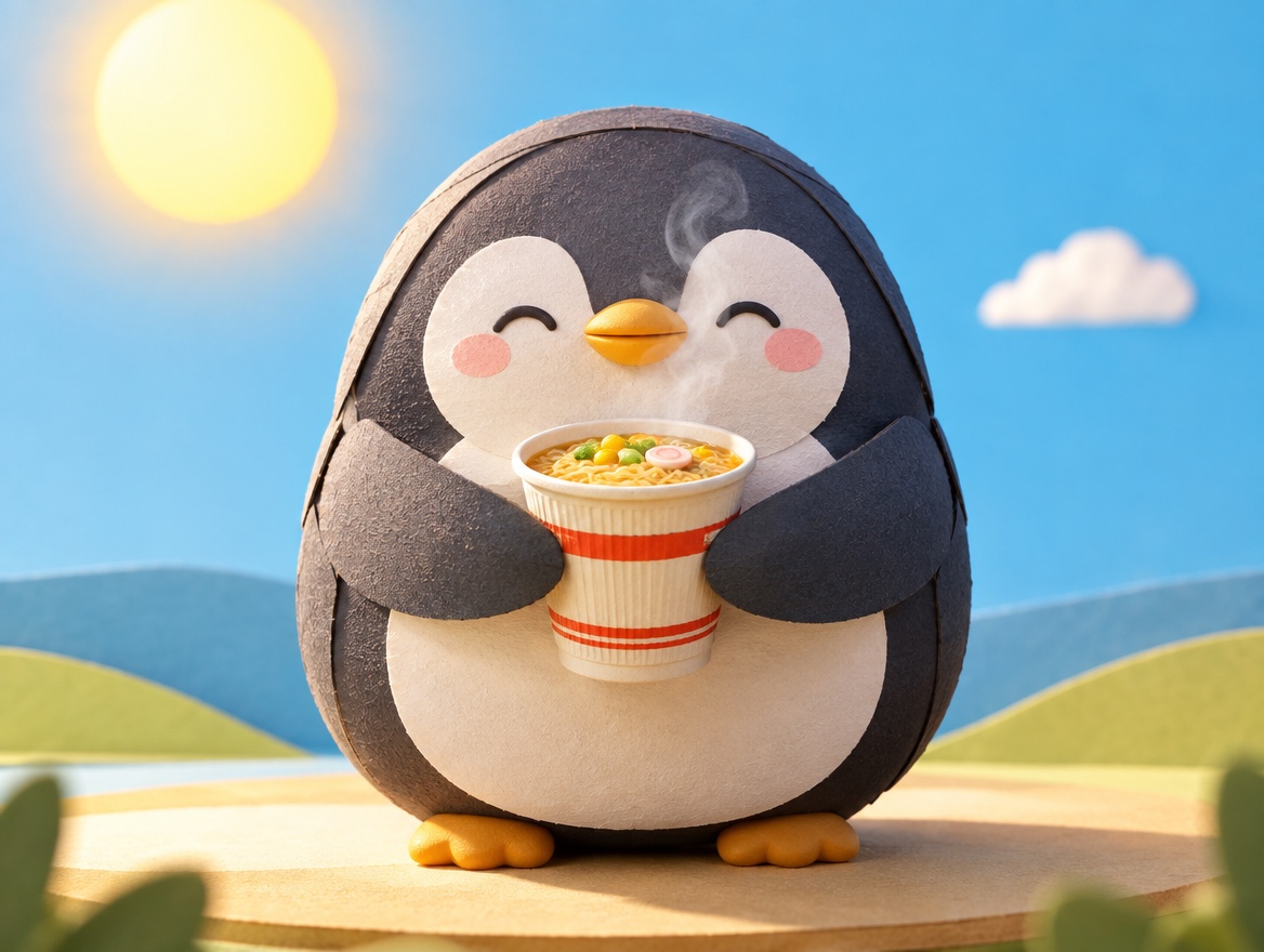A cut paper penguin happily holding a cup of instant noodles in the sunshine