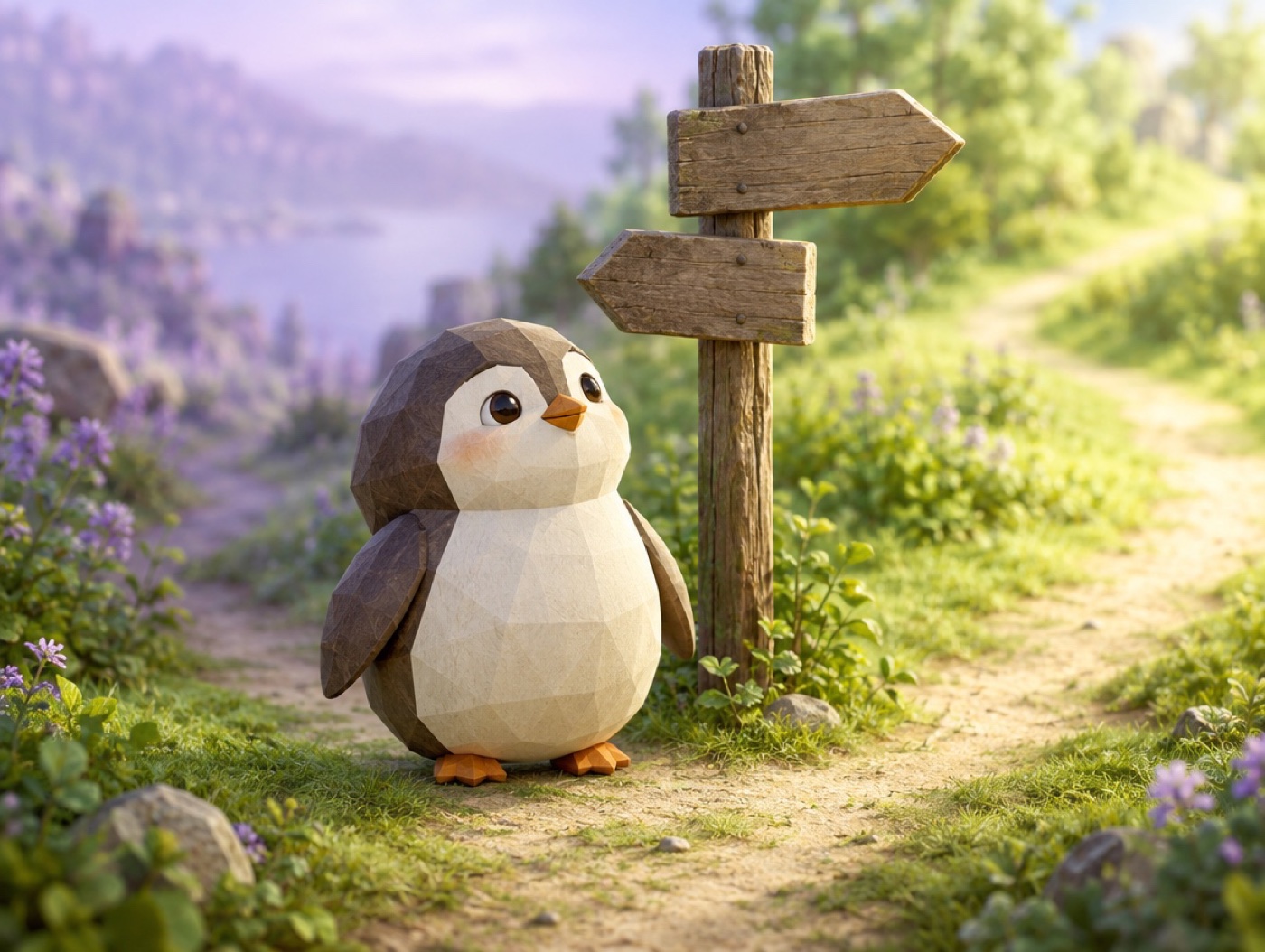 A chubby low-poly wood and paper penguin standing at a real wooden signpost with two blank arrows