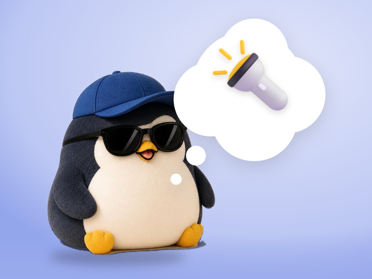 A chubby layered cut paper penguin shining a small realistic yellow flashlight at a soft gray cloud