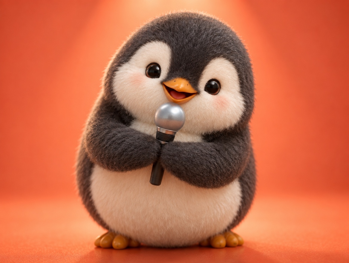 A fuzzy penguin holding a vintage microphone like a cheerful announcer