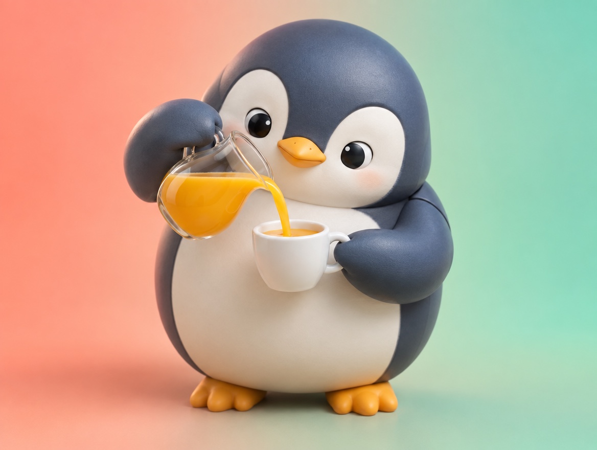 A chubby plastic model kit penguin slowly pouring juice into a glass without spilling