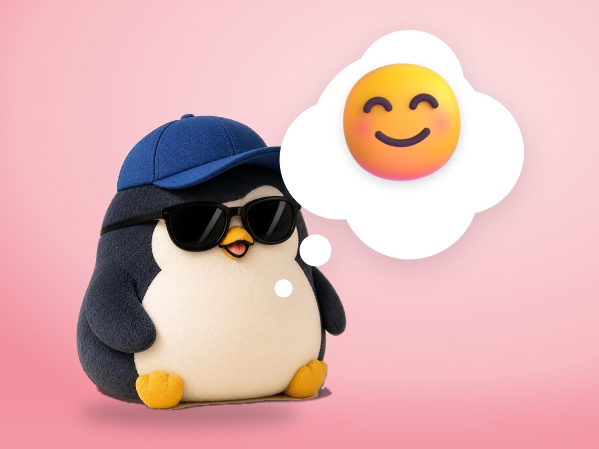 A matte plastic model kit penguin facing forward and talking next to a ceramic coffee mug on a small round table