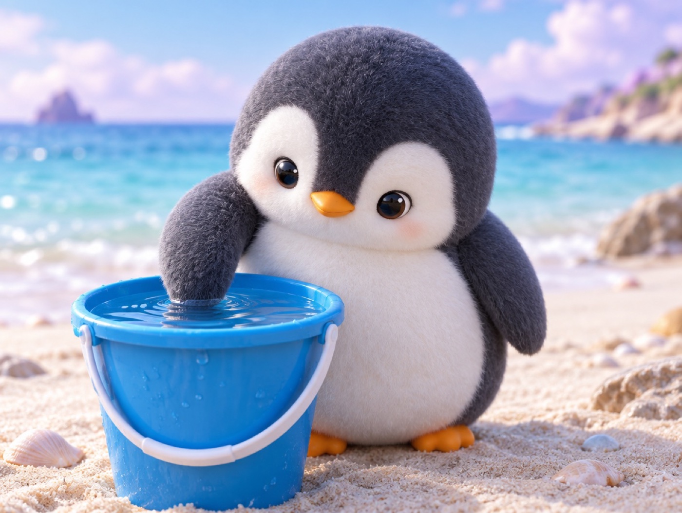 A chubby chenille yarn penguin gently touching the water in a blue beach bucket