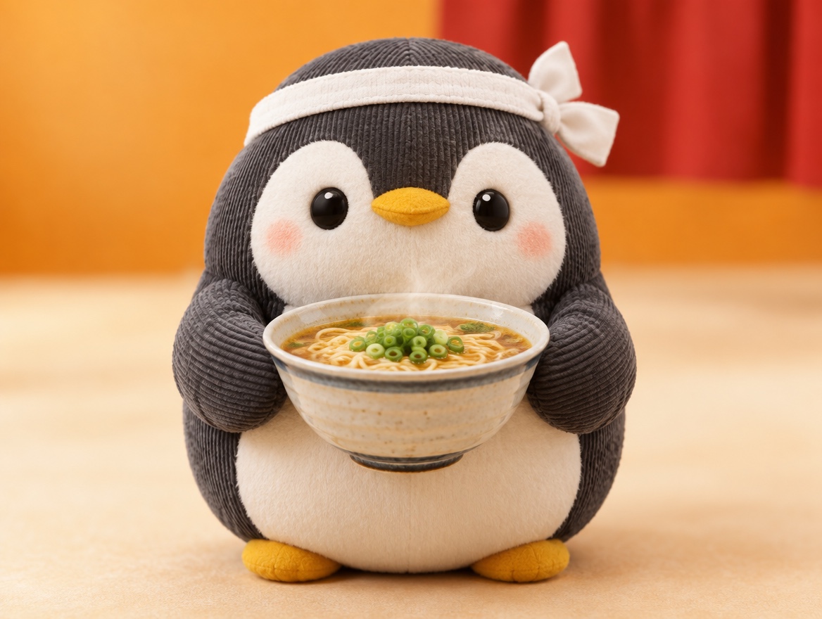A plush corduroy penguin chef holding a steaming bowl of ramen