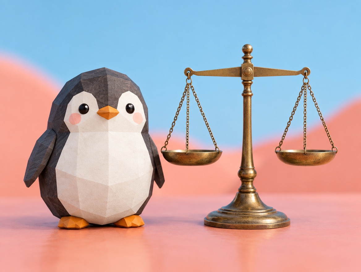 A low-poly wood and paper penguin standing next to a realistic brass balance scale