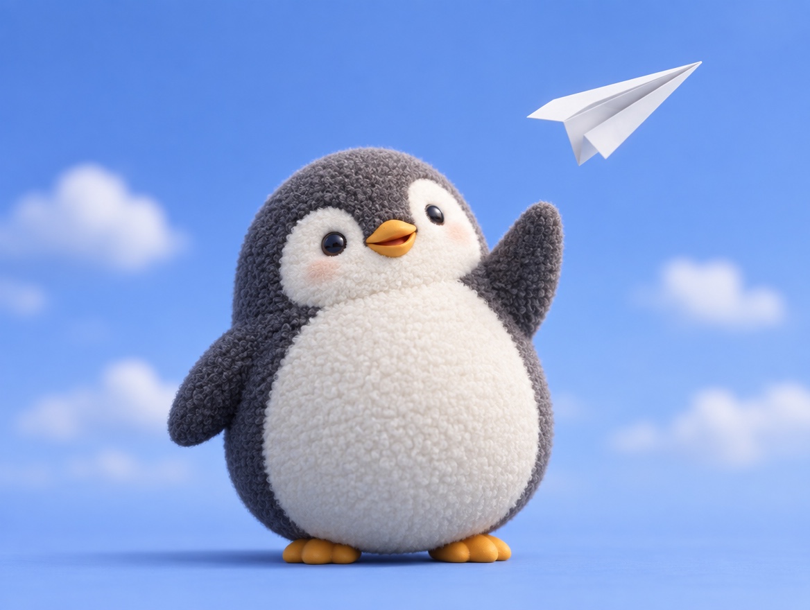 A boucle wool penguin happily throwing a white paper airplane