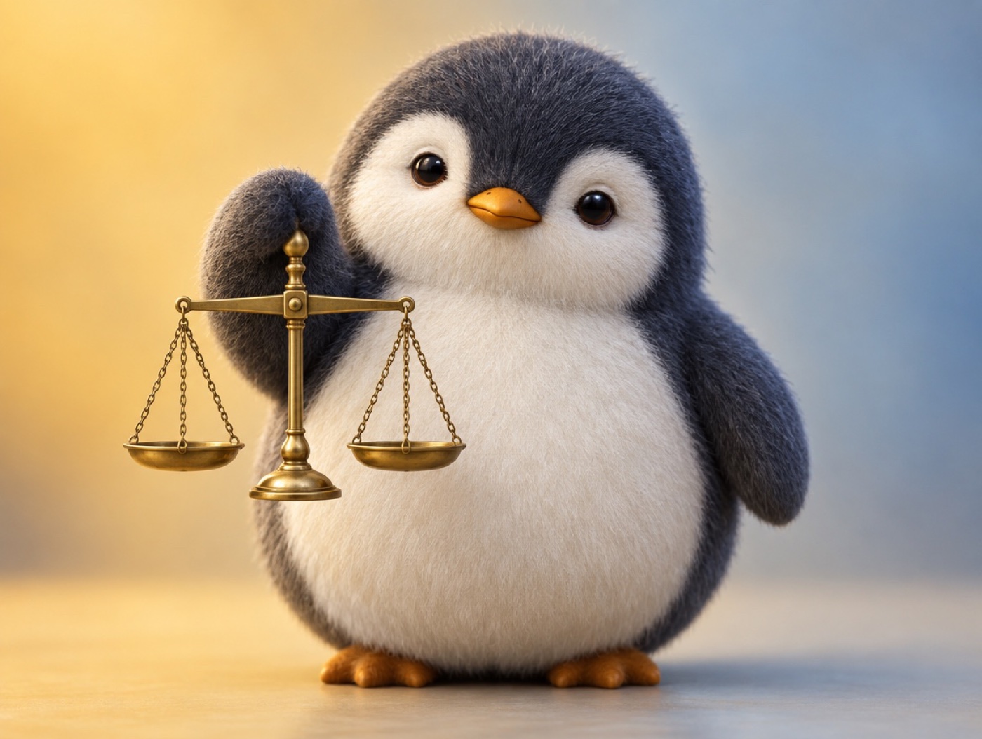 A brushed mohair penguin holding a small brass balance scale