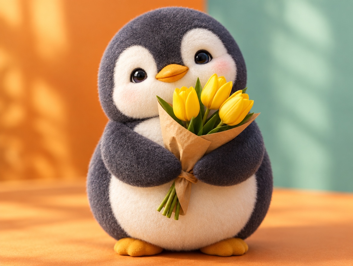 A chubby chenille yarn penguin holding out a small bouquet of yellow tulips