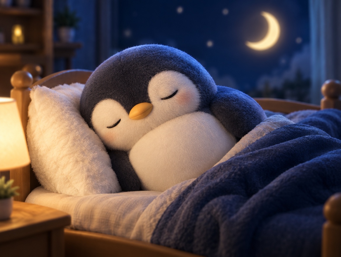 A chubby crocheted penguin tucked in bed with a soft white pillow under a night sky