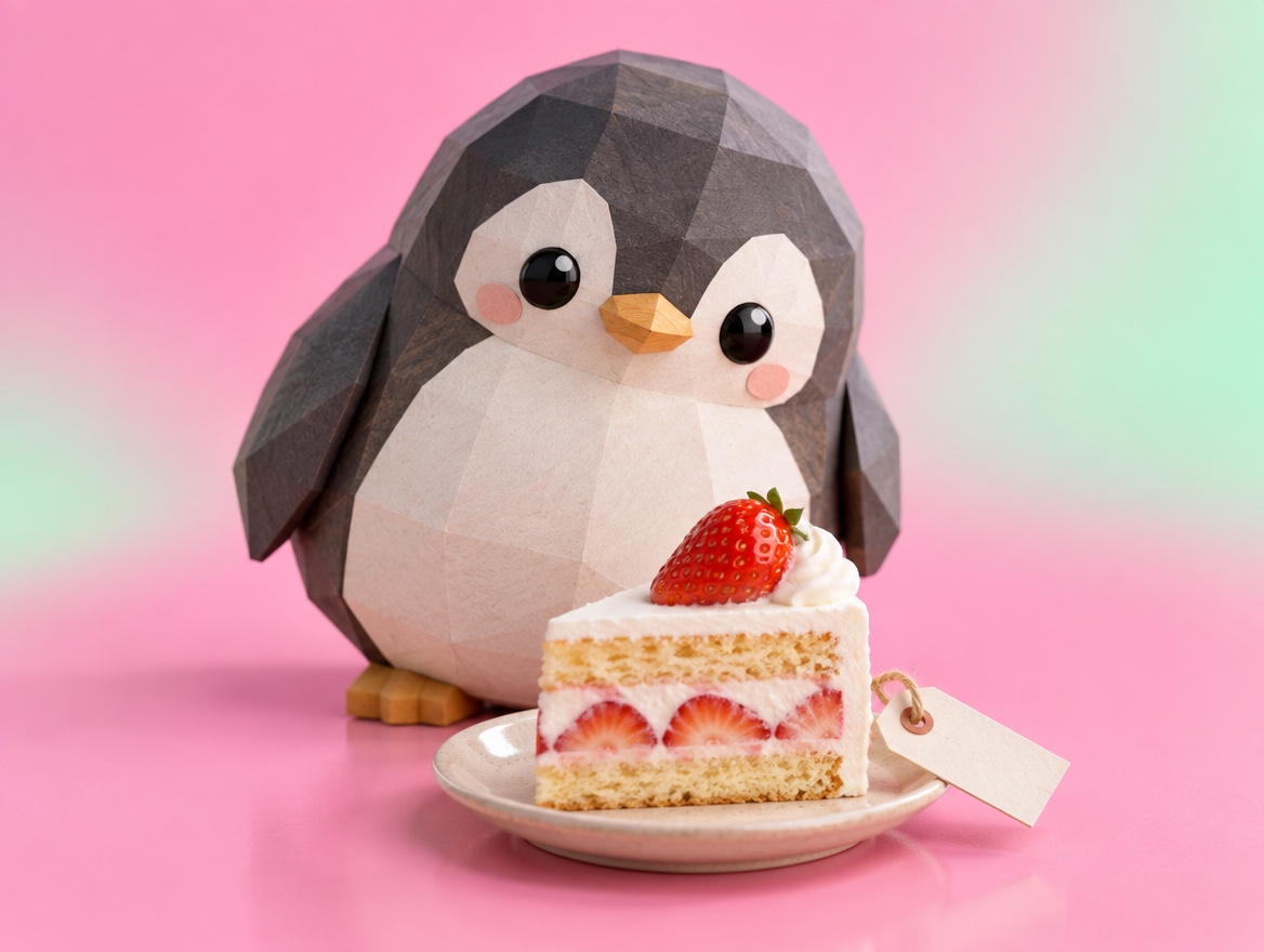 A chubby low-poly wood and paper penguin looking at a realistic slice of strawberry cake with a small paper price tag