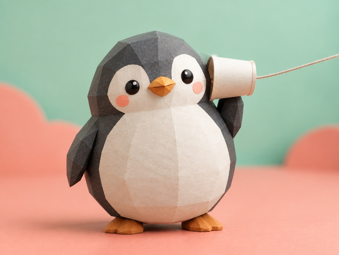 A chubby low-poly wood and paper penguin holding a paper cup telephone with a string