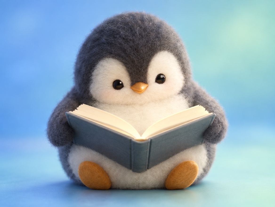 A chubby alpaca wool penguin reading a realistic hardcover book in a calm cozy corner