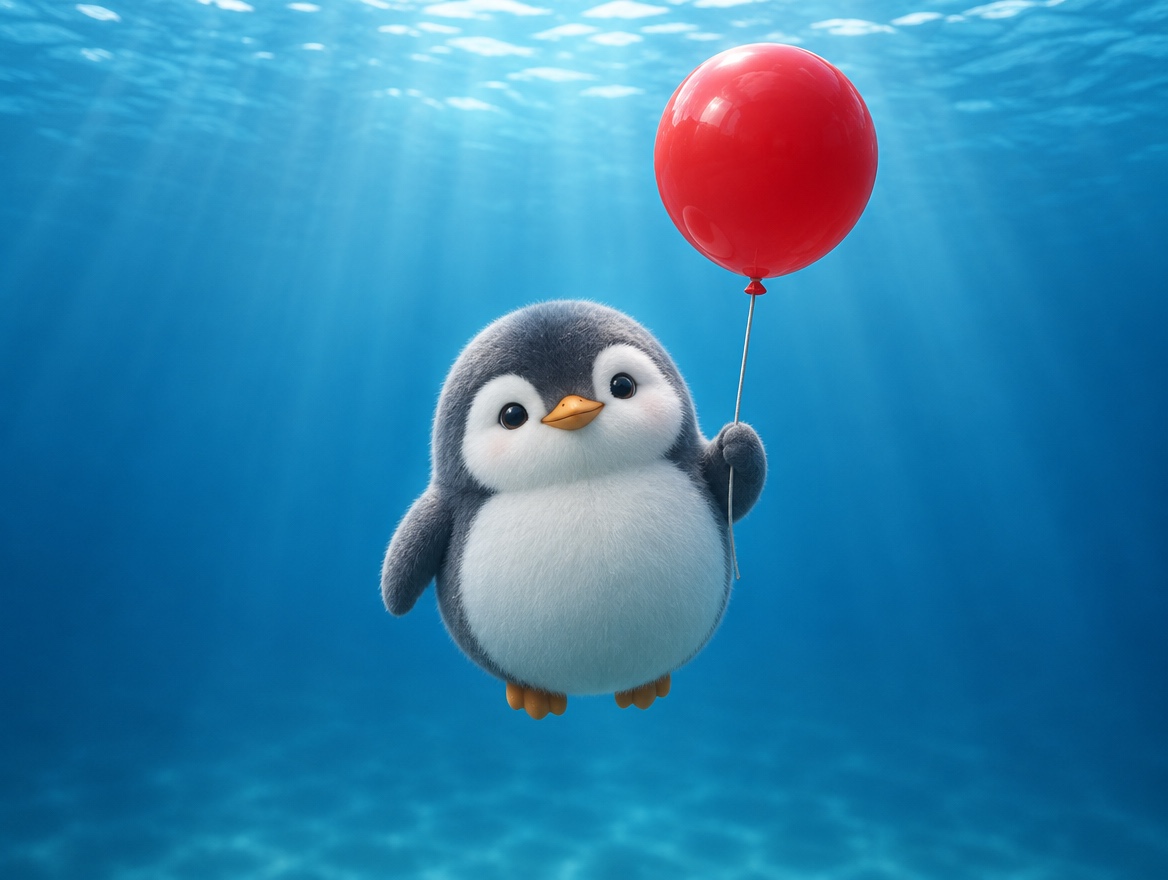 A chubby chenille yarn penguin floating in calm blue water holding a round red balloon
