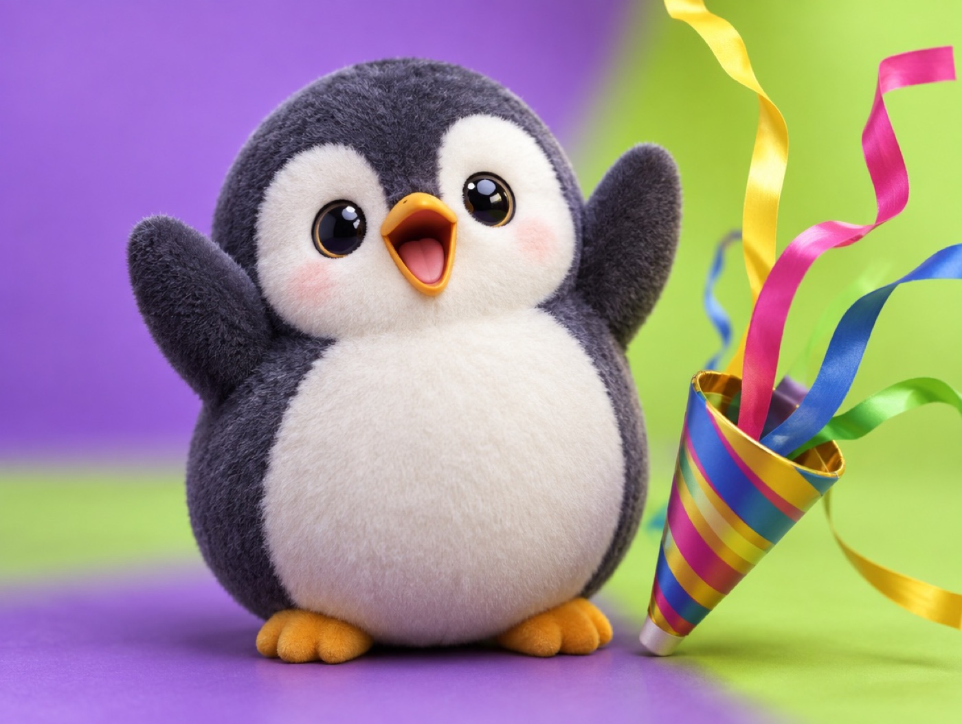 A chubby crocheted amigurumi penguin with a surprised happy face next to a party popper bursting with colorful paper streamers
