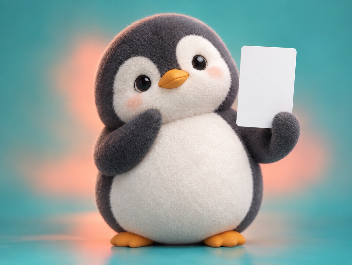 A chubby chenille yarn penguin holding up a realistic blank paper flash card with a thinking face