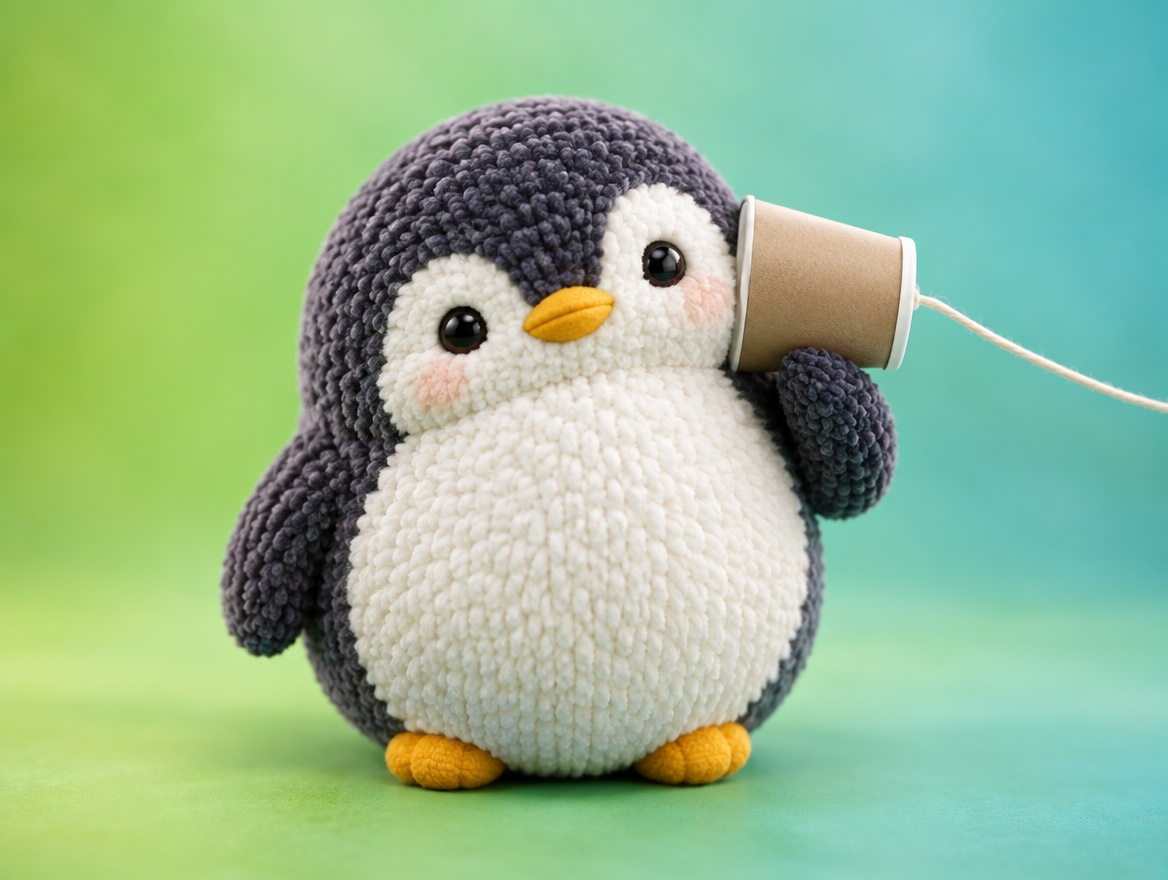 A chenille yarn penguin talking into a paper cup telephone with a string