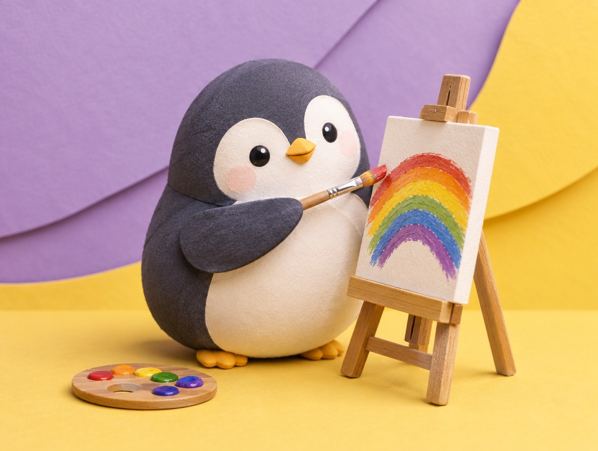 A chubby cut paper penguin happily painting at a small wooden easel