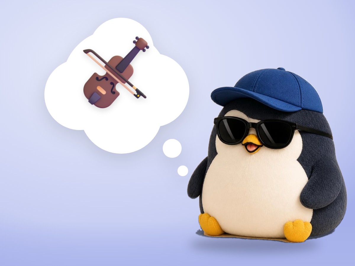 A chubby round crocheted amigurumi penguin wearing big soft headphones, eyes closed, listening quietly