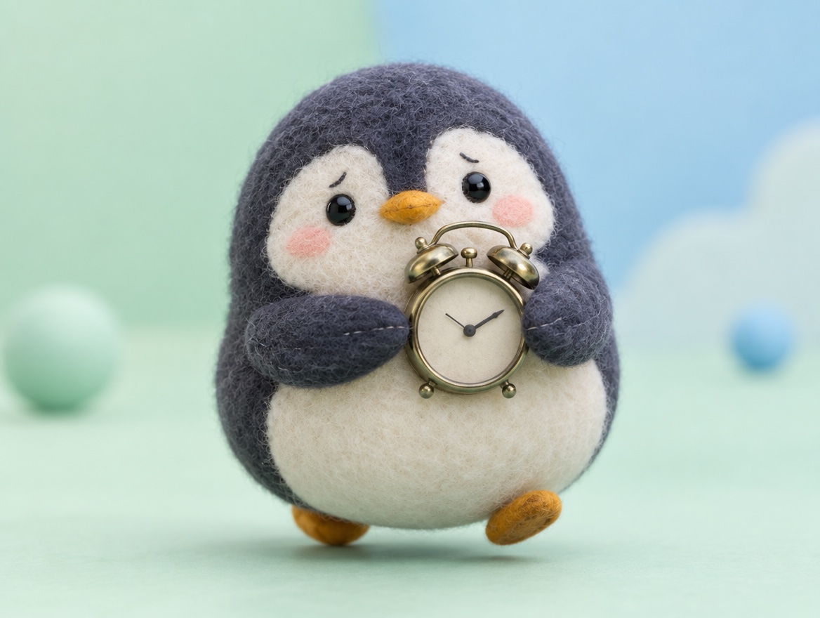 A chubby embroidered felt penguin hurrying with a small alarm clock under its flipper
