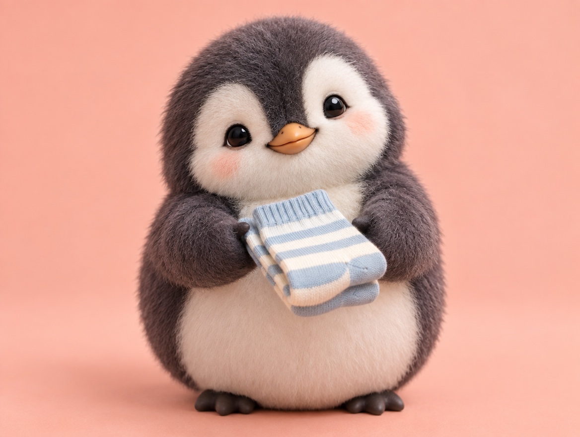 A chubby brushed mohair penguin holding a real pair of neatly folded striped socks with a gentle smile