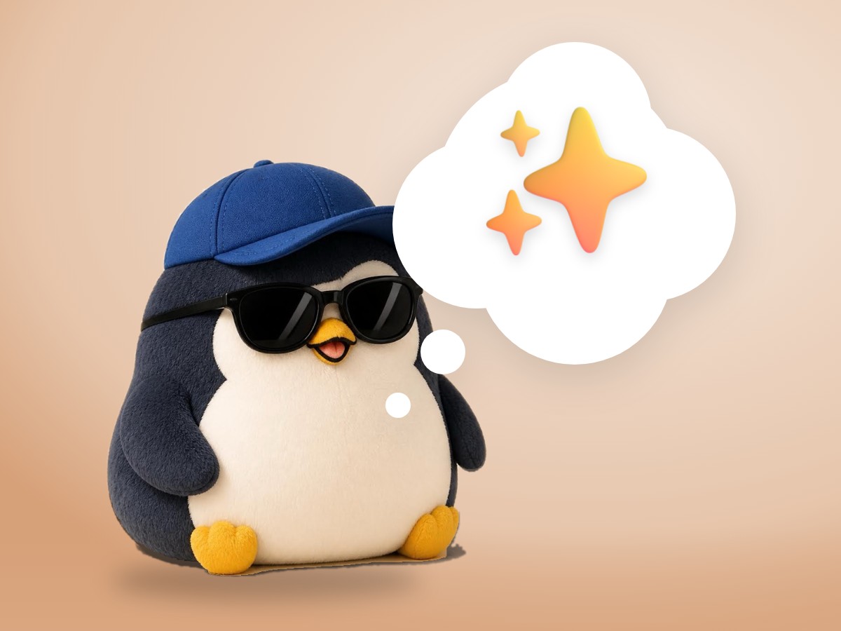 A chubby chenille yarn penguin standing in front of a realistic vintage stage microphone