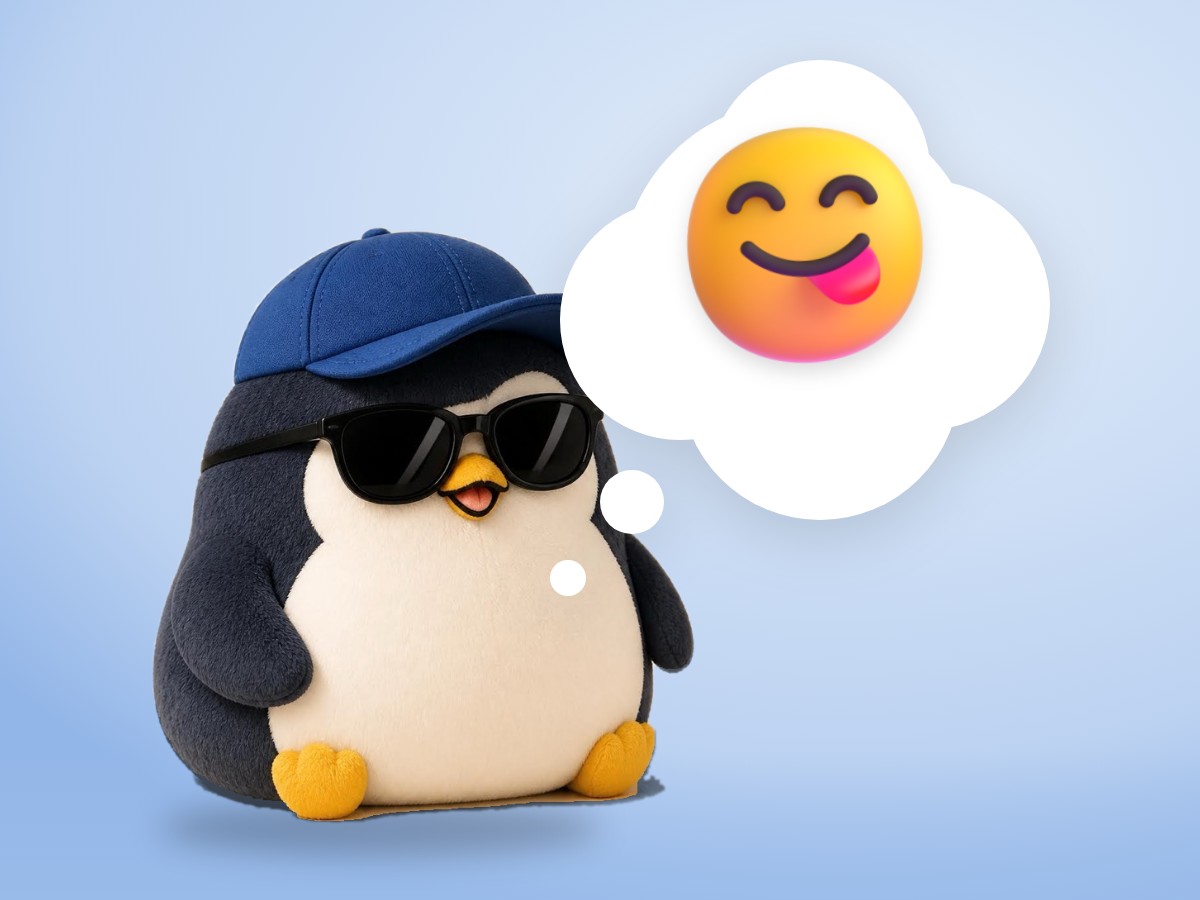 A chubby round plush corduroy and felt penguin holding a steaming cup of green tea with its eyes happily closed