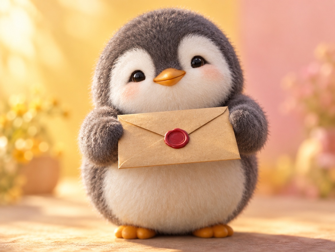 A chubby brushed mohair penguin holding a kraft paper envelope closed with a red wax seal