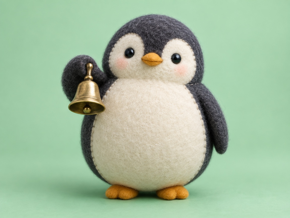 A chubby felt penguin gently ringing a small brass bell before speaking