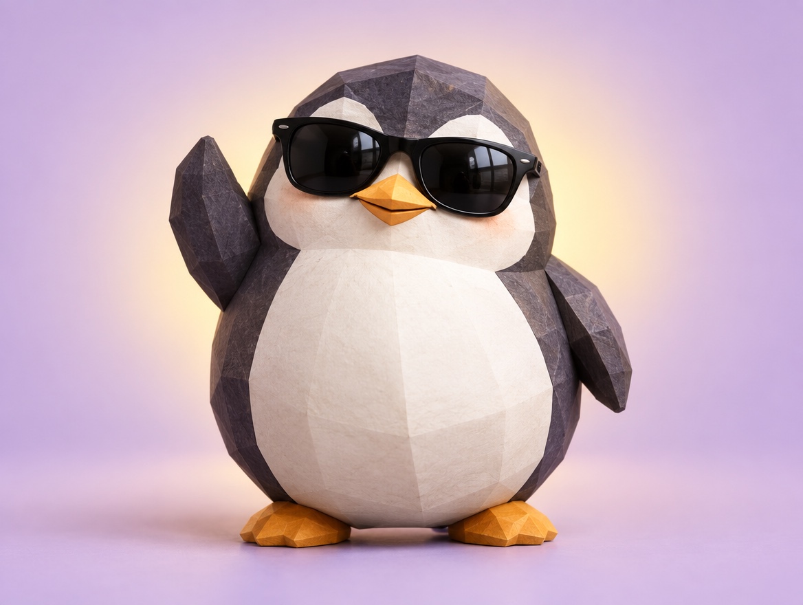 A chubby low-poly wood and paper penguin wearing real sunglasses and smiling bravely