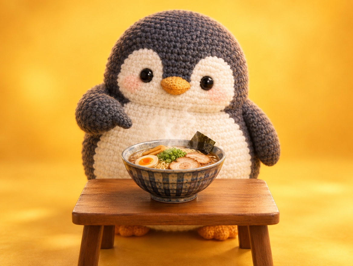 A crocheted amigurumi penguin happily pointing at a steaming bowl of ramen