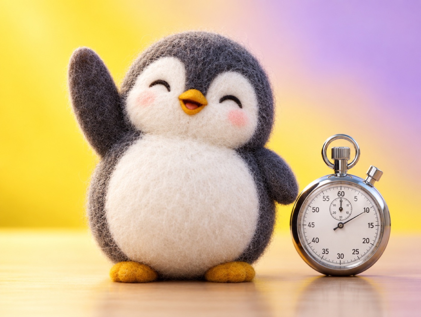 A fluffy penguin quickly raising one flipper next to a small stopwatch