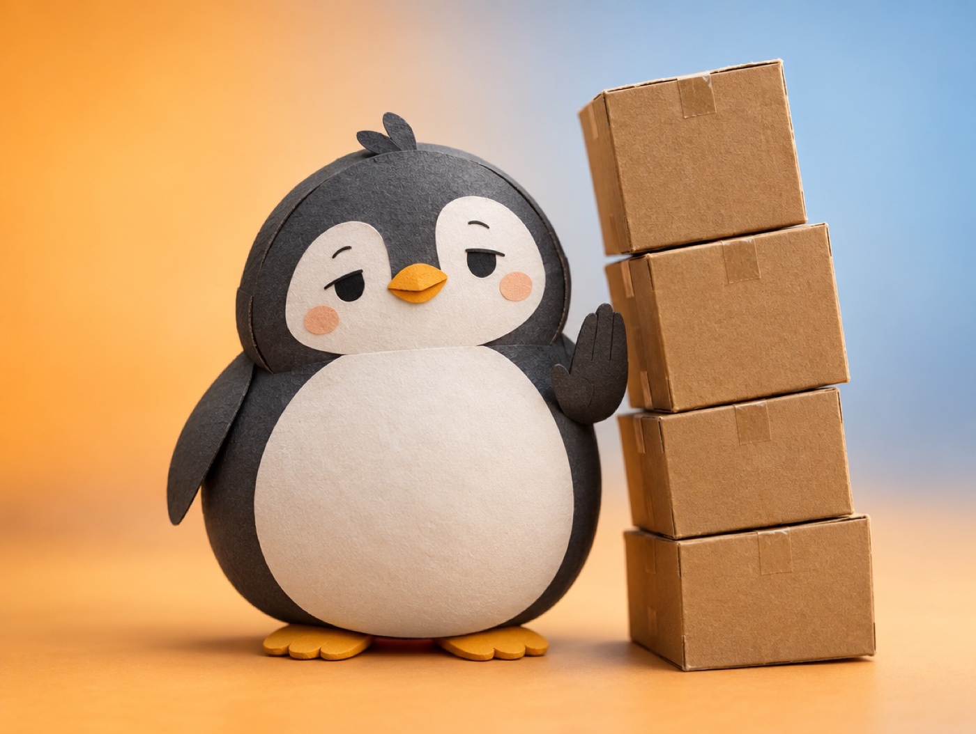 A layered cut paper penguin standing beside a tall stack of cardboard boxes