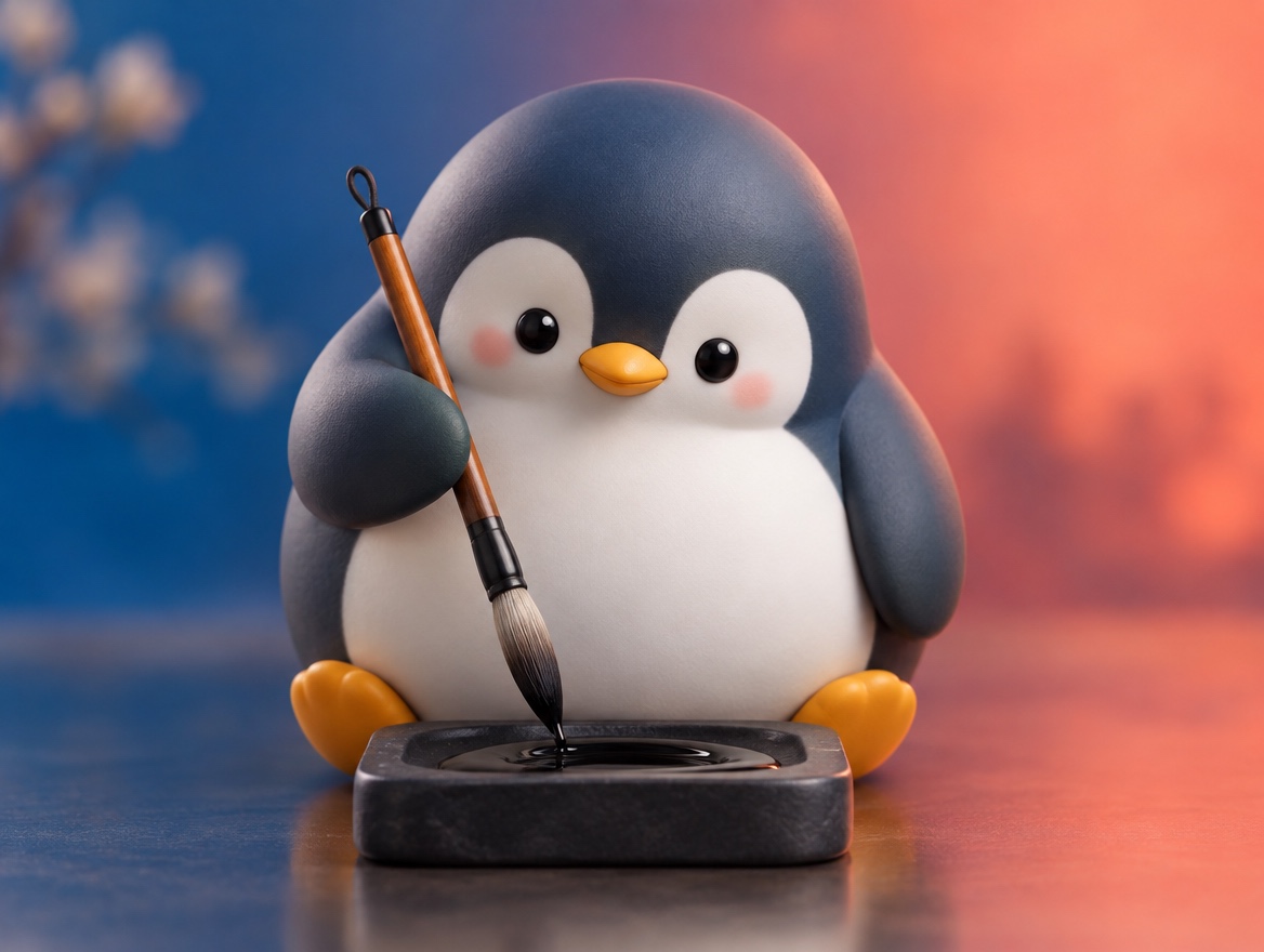 A plastic model kit penguin calmly holding a calligraphy brush over an ink stone