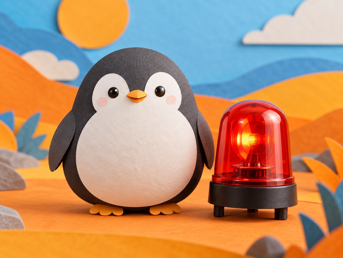 A chubby cut paper penguin standing calmly next to a red rotating warning light