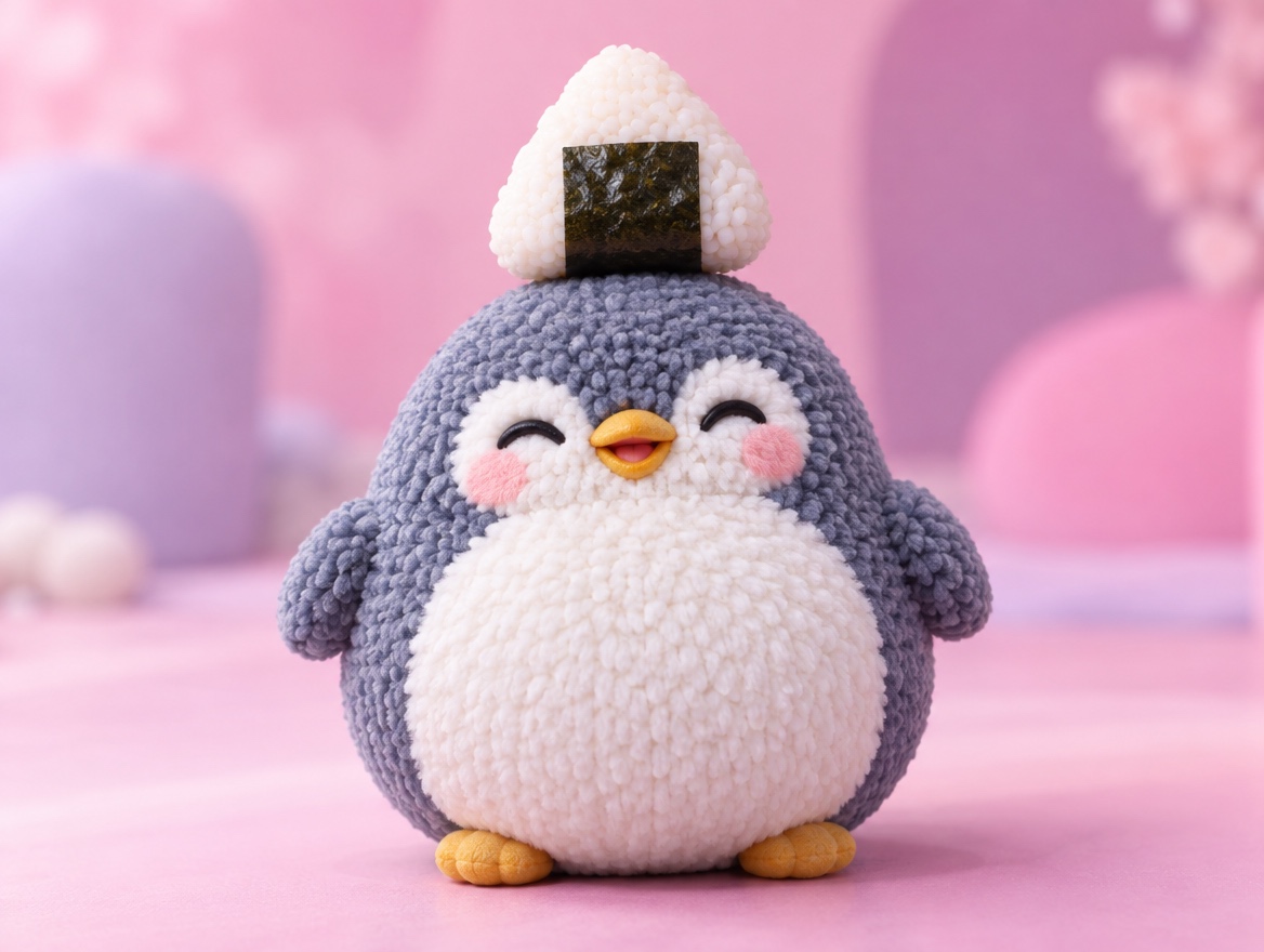 A chenille yarn penguin giggling with a rice ball balanced on its head