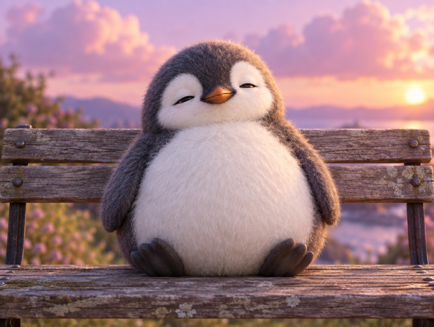 A chubby brushed mohair penguin sitting relaxed on a realistic wooden park bench under a soft sky