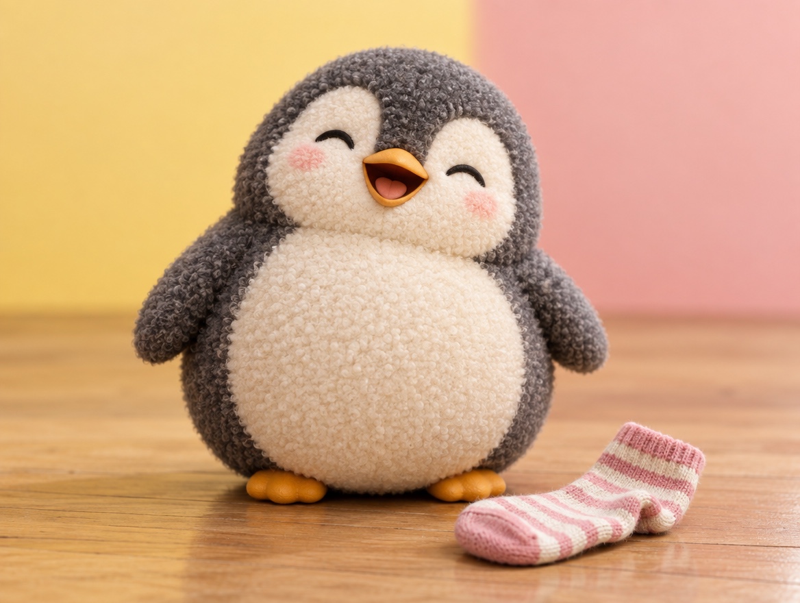 A chubby boucle wool penguin laughing next to a single striped sock on the floor