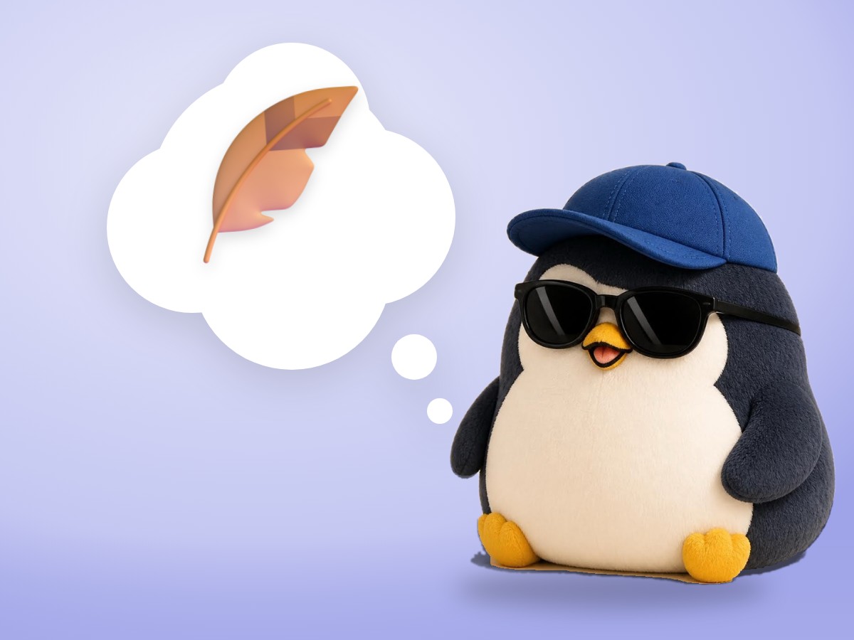 A chubby boucle wool penguin gently blowing a single soft white feather floating in front of its beak