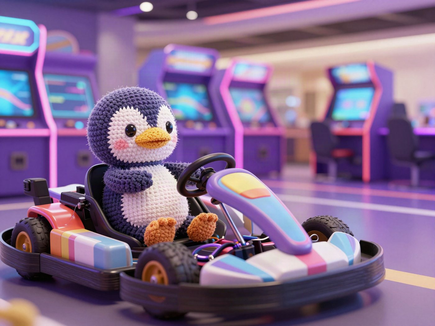 A crocheted penguin sitting in a go-kart game seat in a neon purple arcade