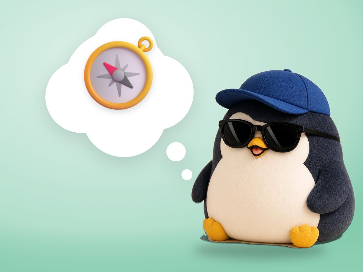 A chubby round low-poly wood and paper penguin standing at a wooden signpost with arrows pointing left and right