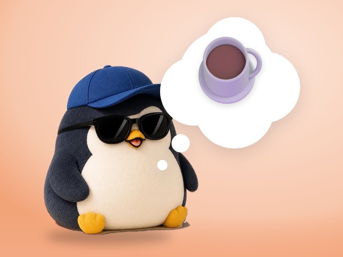 A boucle wool penguin smiling happily next to a small warm cup of coffee after a walk